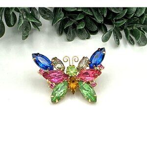 Vintage Julian Butterfly Brooch With Multicolor Uranium Glass Gems Gold-Tone Met